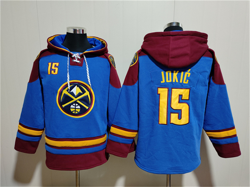 Men's Blue/Red Denver Nuggets #15 Nikola Jokic Lace-Up Pullover Hoodie